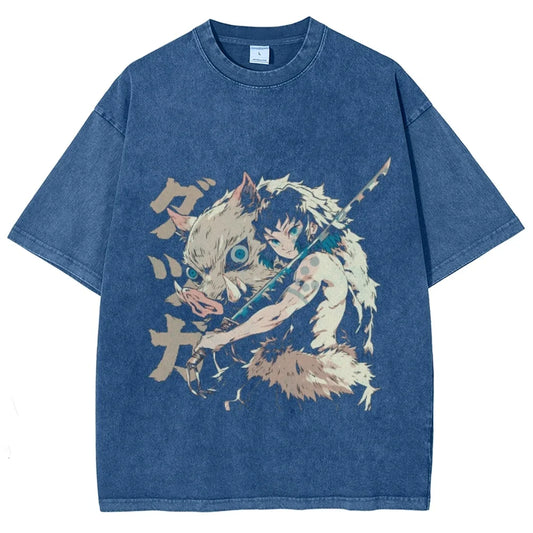 Anime Demon Slayer Hashibira Inosuke Oversized Washed T-Shirt – Vintage Y2K Streetwear for Men & Women