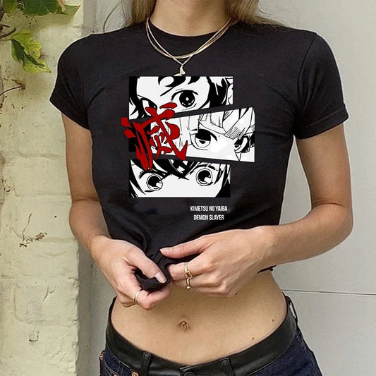 Manga Kimetsu No Yaiba Crop Top – Demon Slayer Y2K 90s Style T-Shirt for Women