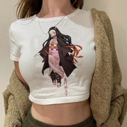 Manga Kimetsu No Yaiba Crop Top – Demon Slayer Y2K 90s Style T-Shirt for Women