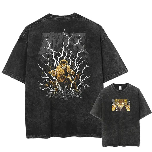 Harajuku Demon Slayer Graphic T-Shirt – Men & Women Vintage Oversized Anime Washed Streetwear Summer Tee