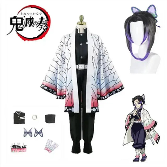 Anime Demon Slayer Kimetsu no Yaiba Kochou Shinobu Cosplay Costume Wig Set – Kids Halloween Outfit