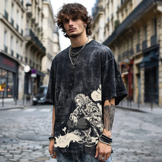 Demon Slayer Rengoku Kyoujurou Oversized Washed T-Shirt – Vintage Y2K Hip-Hop Streetwear for Men & Women