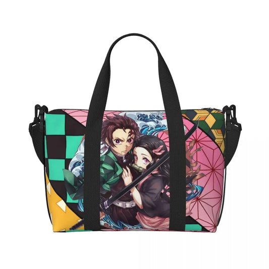Custom Demon Slayer Anime Manga Beach Tote Bag for Women – Tanjiro Kamado & Nezuko Large Compartment Gym & Travel Bag