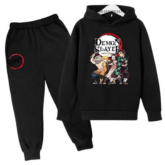 Anime Demon Slayer Ninja Hooded Sweatshirt & Pants Set – Autumn/Winter Outerwear for Kids
