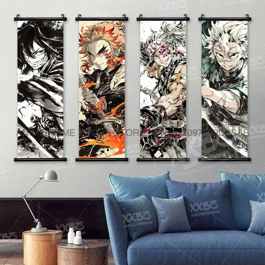 Demon Slayer Poster Home Decor – Hashibira Inosuke & Agatsuma Zenitsu Canvas Scroll Wall Art Featuring Kamado Nezuko
