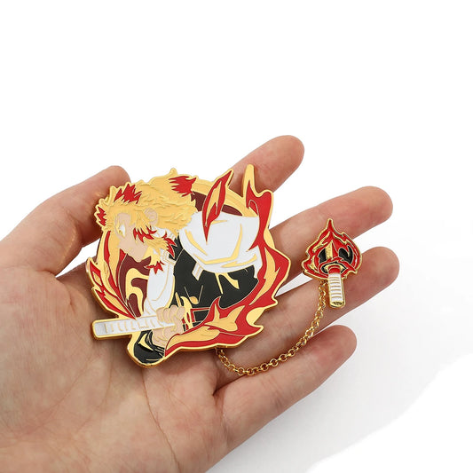Anime Demon Slayer Brooch – Rengoku Kyoujurou & Douma Enamel Badge with Tassel Pendant