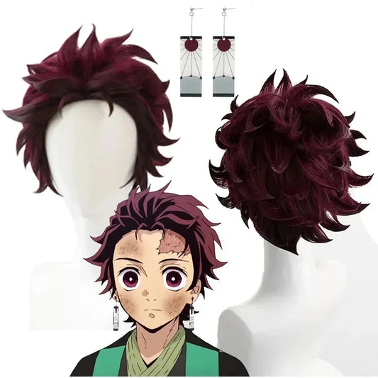 Anime Tanjiro Kamado Cosplay Wig – Short Chestnut Brown Heat-Resistant Hair with Earrings