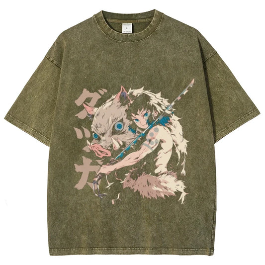 Anime Demon Slayer Hashibira Inosuke Oversized Washed T-Shirt – Vintage Y2K Streetwear for Men & Women