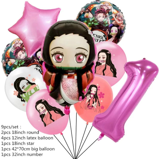 9Pcs Demon Slayer Balloons Set – Kamado Tanjirou & Nezuko Cartoon Foil Globos
