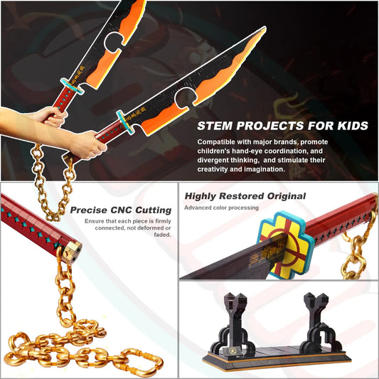 1478PCS Demon Slayer Sword Building Set – 82in Double Blade Tengen Uzui Sword Model with Stand