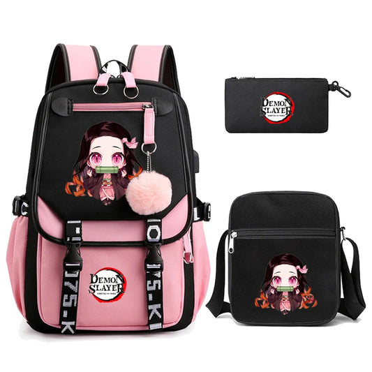 3Pcs Kamado Nezuko Backpack Set – Demon Slayer Anime School Bag for Girls & Teens