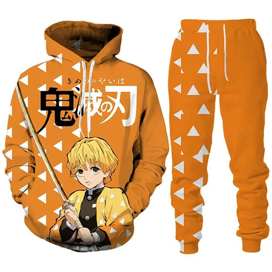 Anime Demon Slayer 2PCS Tracksuit Set – 3D Printed Hoodie & Cosplay Pants for Men