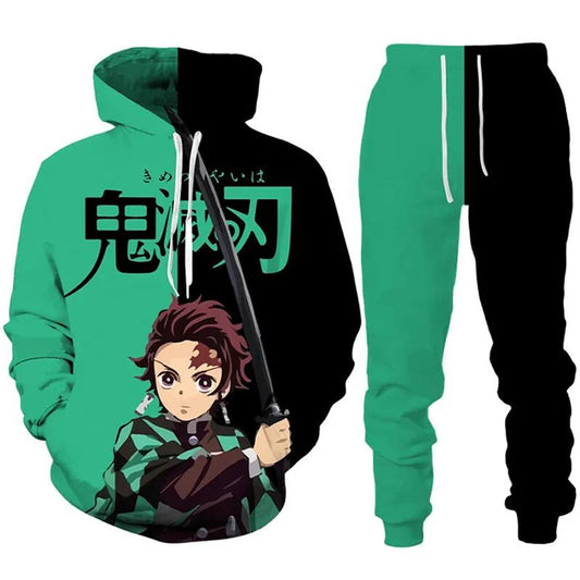 Anime Demon Slayer 2PCS Tracksuit Set – 3D Printed Hoodie & Cosplay Pants for Men