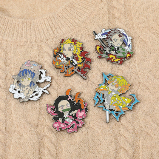 Anime Kimetsu no Yaiba Demon Slayer Metal Brooch Pins – Zenitsu, Inosuke, Rengoku & Tanjirou