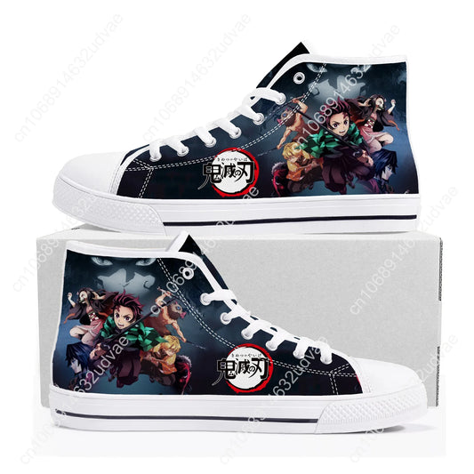 Anime Demon Slayer Kimetsu No Yaiba High Top Sneakers – Tanjiro & Nezuko Canvas Shoes for Men, Women & Teens