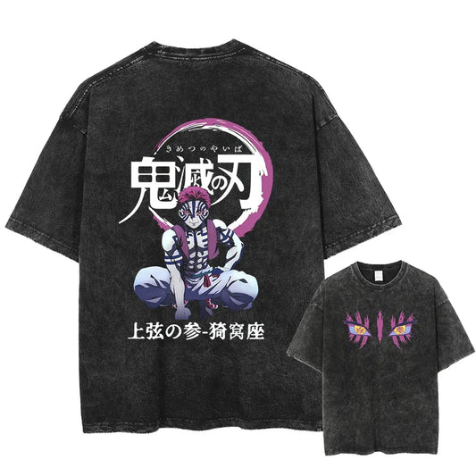 Vintage Washed Anime Demon Slayer T-Shirt – Men’s Harajuku Oversized Cotton Tee