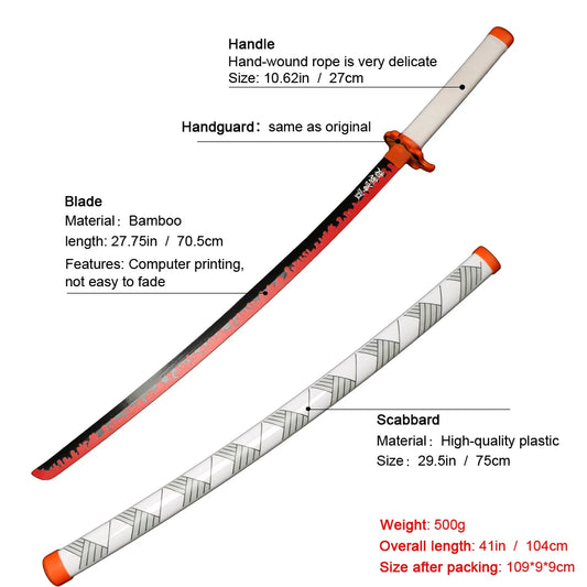 104cm Demon Slayer Wooden Katana Sword – Cosplay Weapon with Stand & Belt