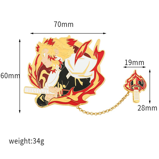 Anime Demon Slayer Brooch – Rengoku Kyoujurou & Douma Enamel Badge with Tassel Pendant