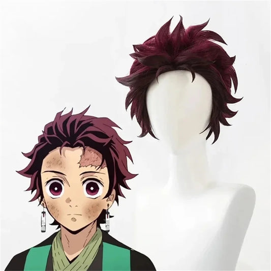 Anime Tanjiro Kamado Cosplay Wig – Short Chestnut Brown Heat-Resistant Hair with Earrings