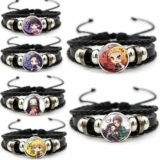 Demon Slayer Figures Bracelet – Tanjiro, Nidouzi, Inosuke & Zenitsu Mini Action Figure Charm Leather Bracelet