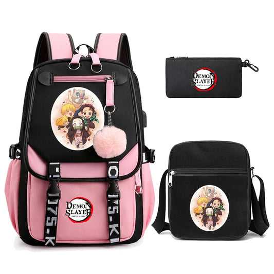 3Pcs Kamado Nezuko Backpack Set – Demon Slayer Anime School Bag for Girls & Teens