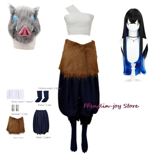 Anime Hashibira Inosuke Cosplay Costume – Uniform, Wig & Pig Mask Halloween Outfit for Women
