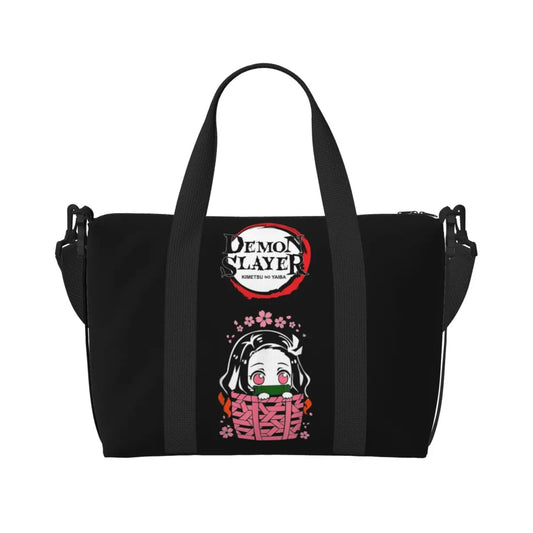 Custom Demon Slayer Anime Manga Beach Tote Bag for Women – Tanjiro Kamado & Nezuko Large Compartment Gym & Travel Bag