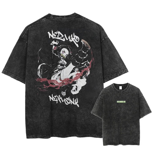 Vintage Washed Anime Demon Slayer T-Shirt – Men’s Harajuku Oversized Cotton Tee