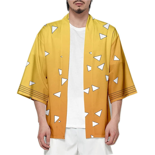 Men Japanese Anime Samurai Tanjirou Kamado – Green Black Checkered Kimono Haori Cardigan – Zenitsu Agatsuma Yellow Cosplay Costume