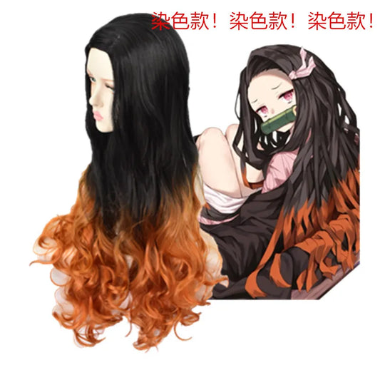 Demon Slayer Kamado Nezuko Cosplay Wig – Long Black & Brown Mixed Wavy Hair for Women