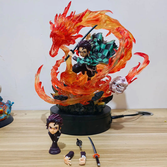 30cm GK Statue – Tanjirou Kamado PVC Action Figure with Fire Dragon LED Light