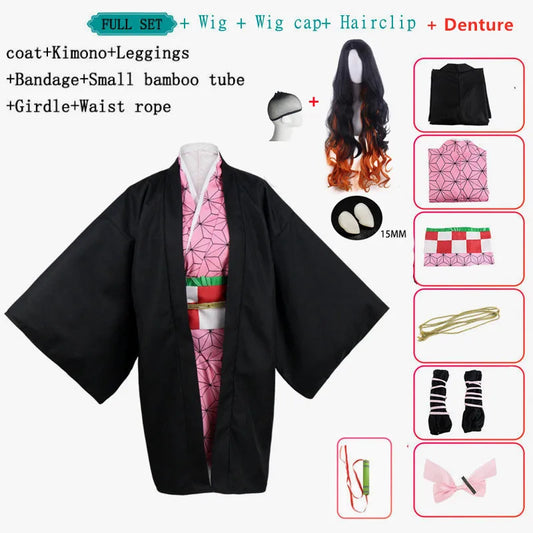 Anime Demon Slayer Nezuko Cosplay Costume – Kimono & Wig for Women and Girls