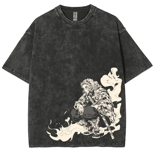 Demon Slayer Rengoku Kyoujurou Oversized Washed T-Shirt – Vintage Y2K Hip-Hop Streetwear for Men & Women