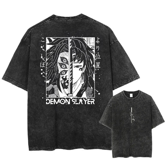 Harajuku Demon Slayer Graphic T-Shirt – Men & Women Vintage Oversized Anime Washed Streetwear Summer Tee
